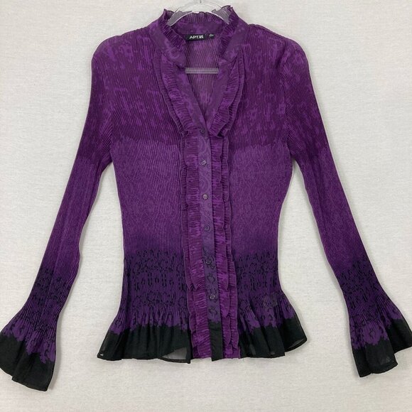 APT. 9 Purple Black Ombre Pleated Stretch Ruffle Button Down XL Whimsigoth - Picture 1 of 9
